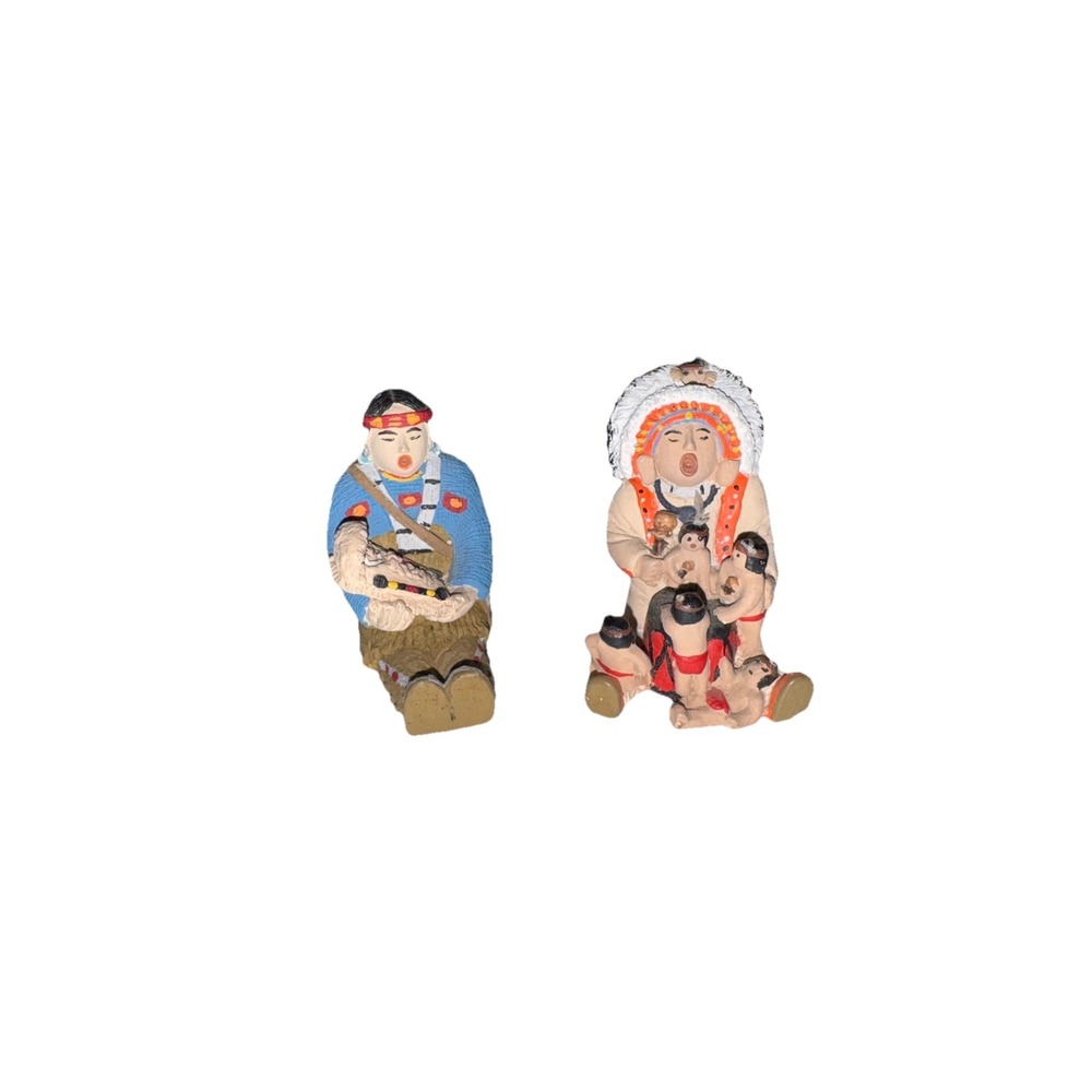 Vintage Style Hand Painted Clay Storyteller Figurines Indigenous Family Set of 2 - Picture 1 of 8